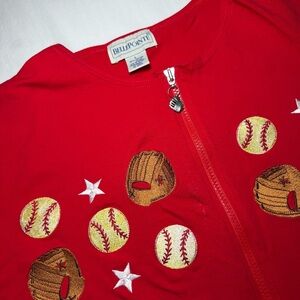 Belle Pointe Novelty Zip Up Cardigan Size L Cotton Baseball Softball Embroidery